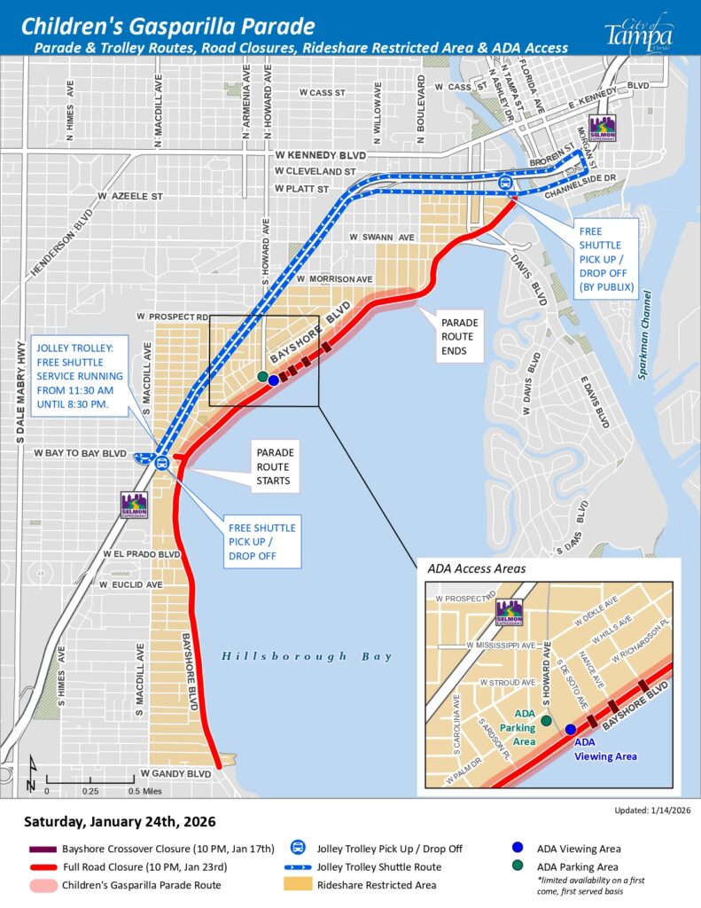2026 children s gasparilla parade parade trolley routes road closures rideshare restricted areas ada access 